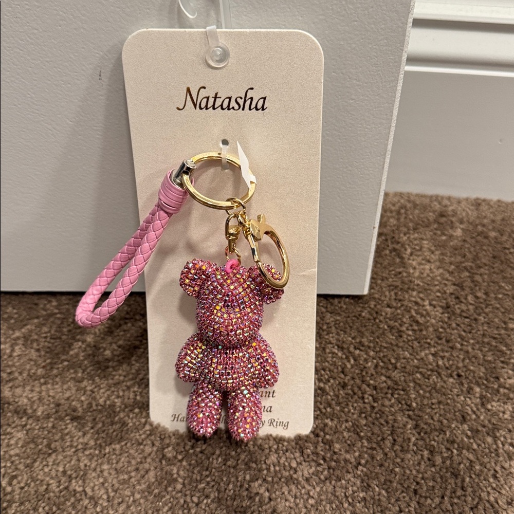 Natasha pink Rhinestone teddy bear bag charm key chain NWT